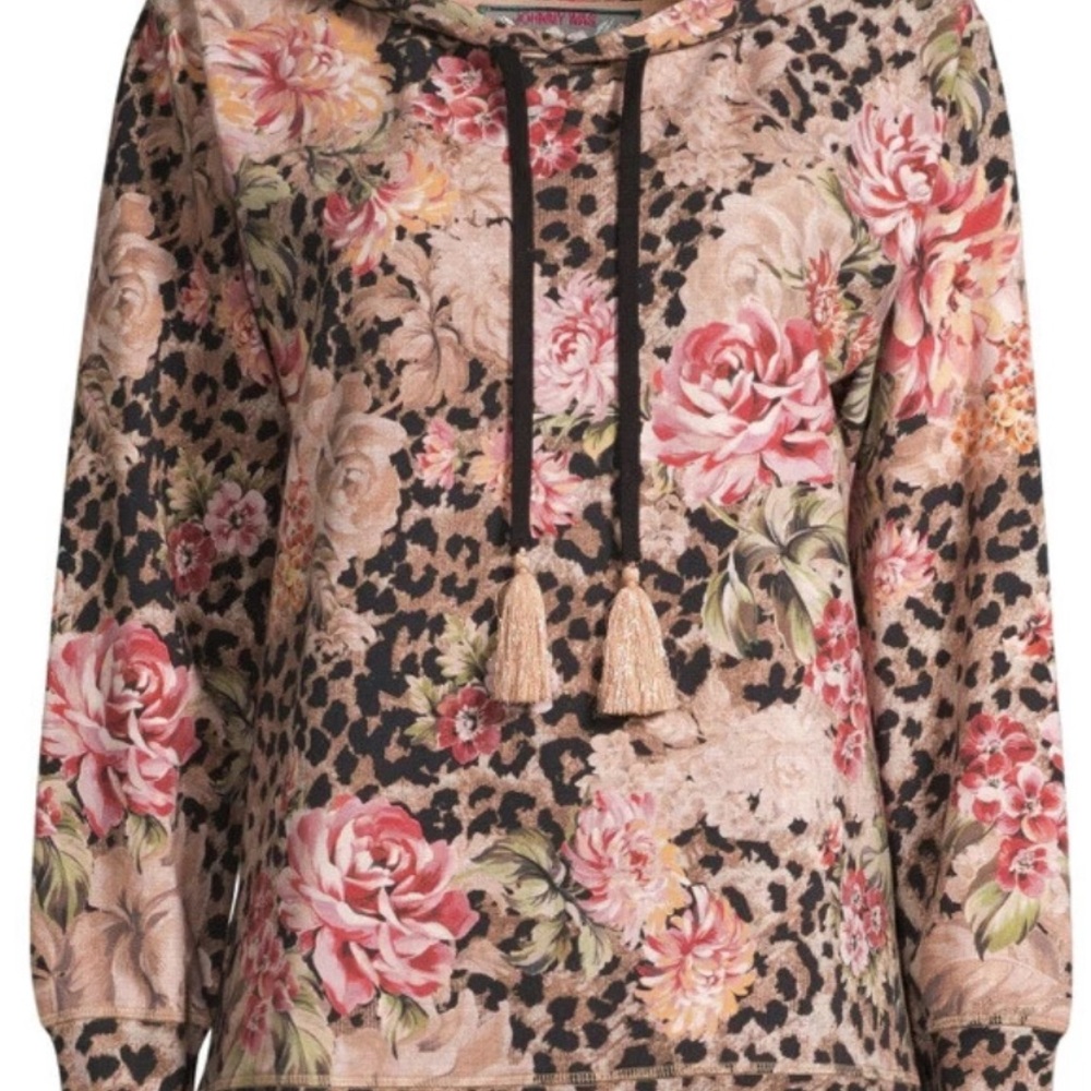 Johnny Was- XS-Floral Leopard Print Women's hoodie with tassels